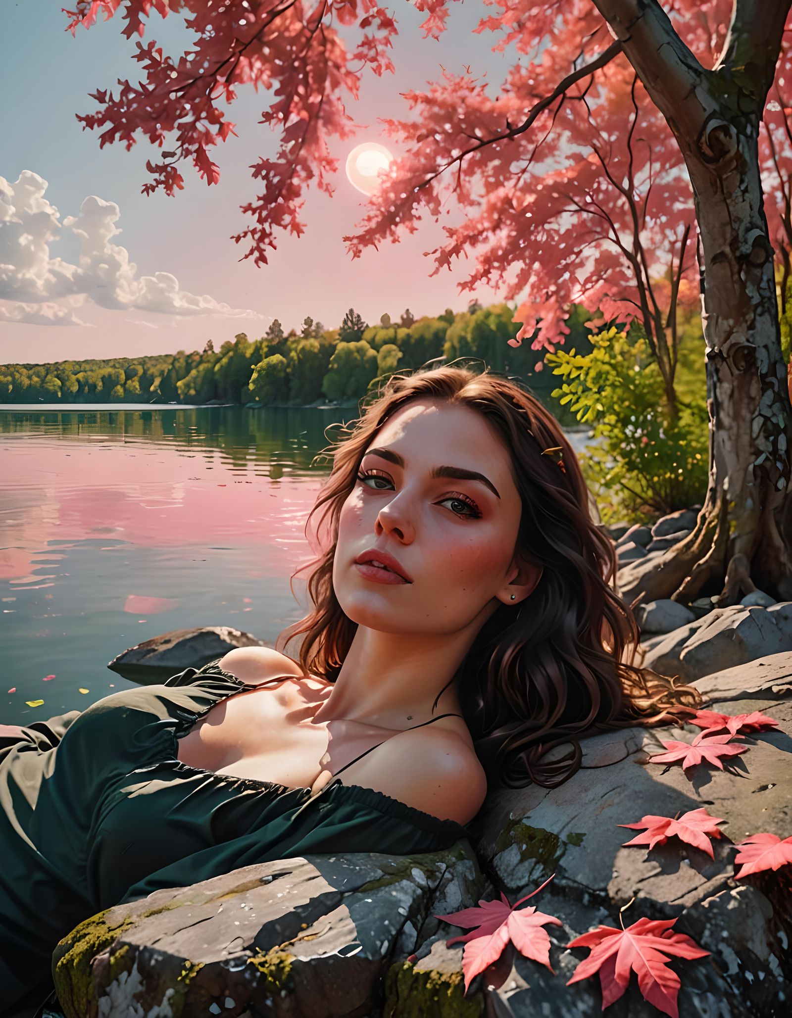 Brunette Woman Sunbathing by Pink Lake in Splash Art
