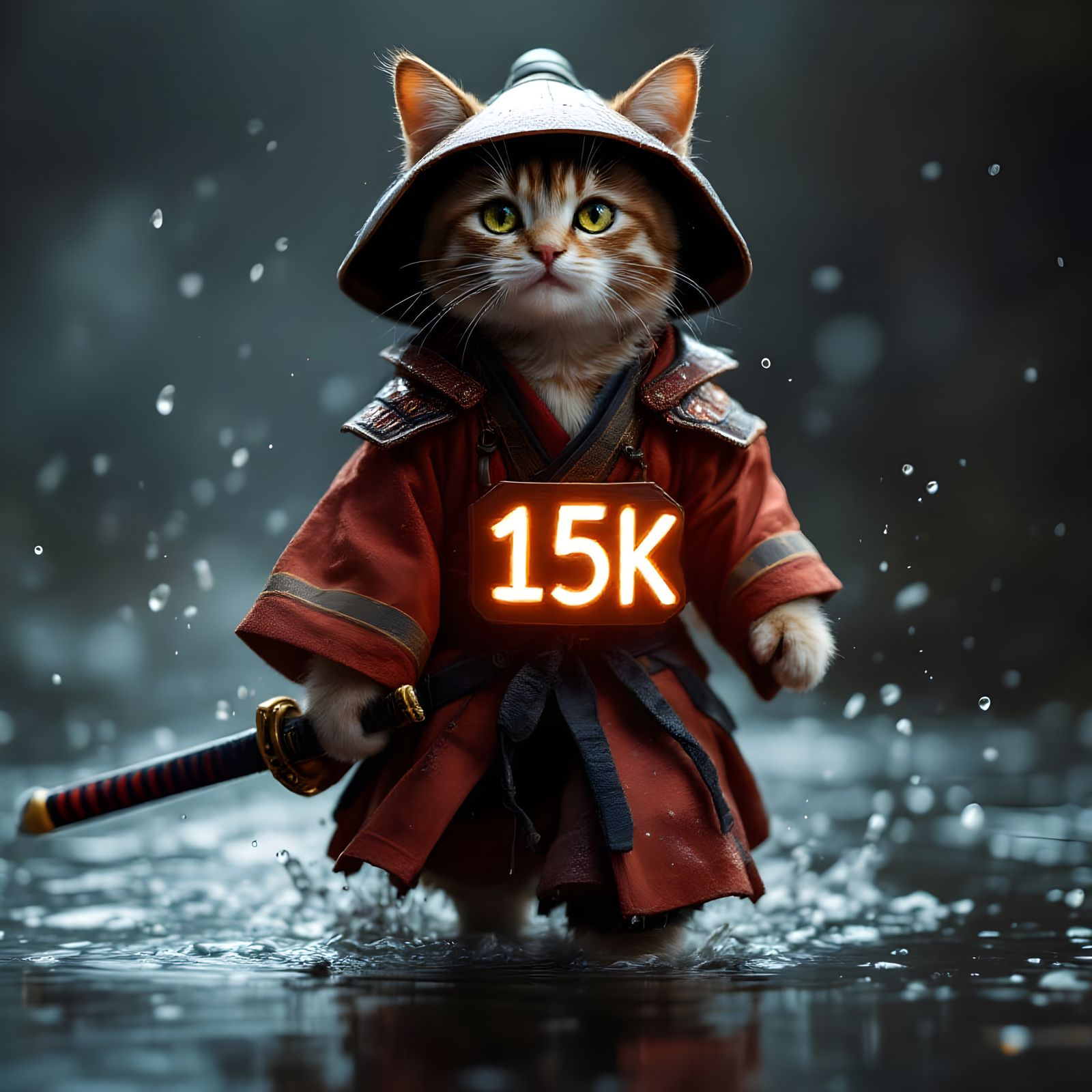 Whimsical Tabby Samurai Cat Wades through Shallow Water