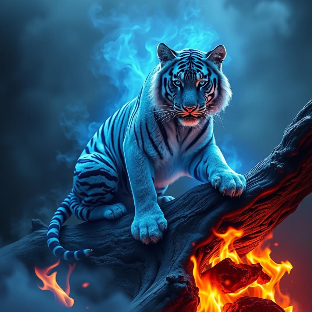Majestic Blue Tiger Amidst Dancing Blue Flames