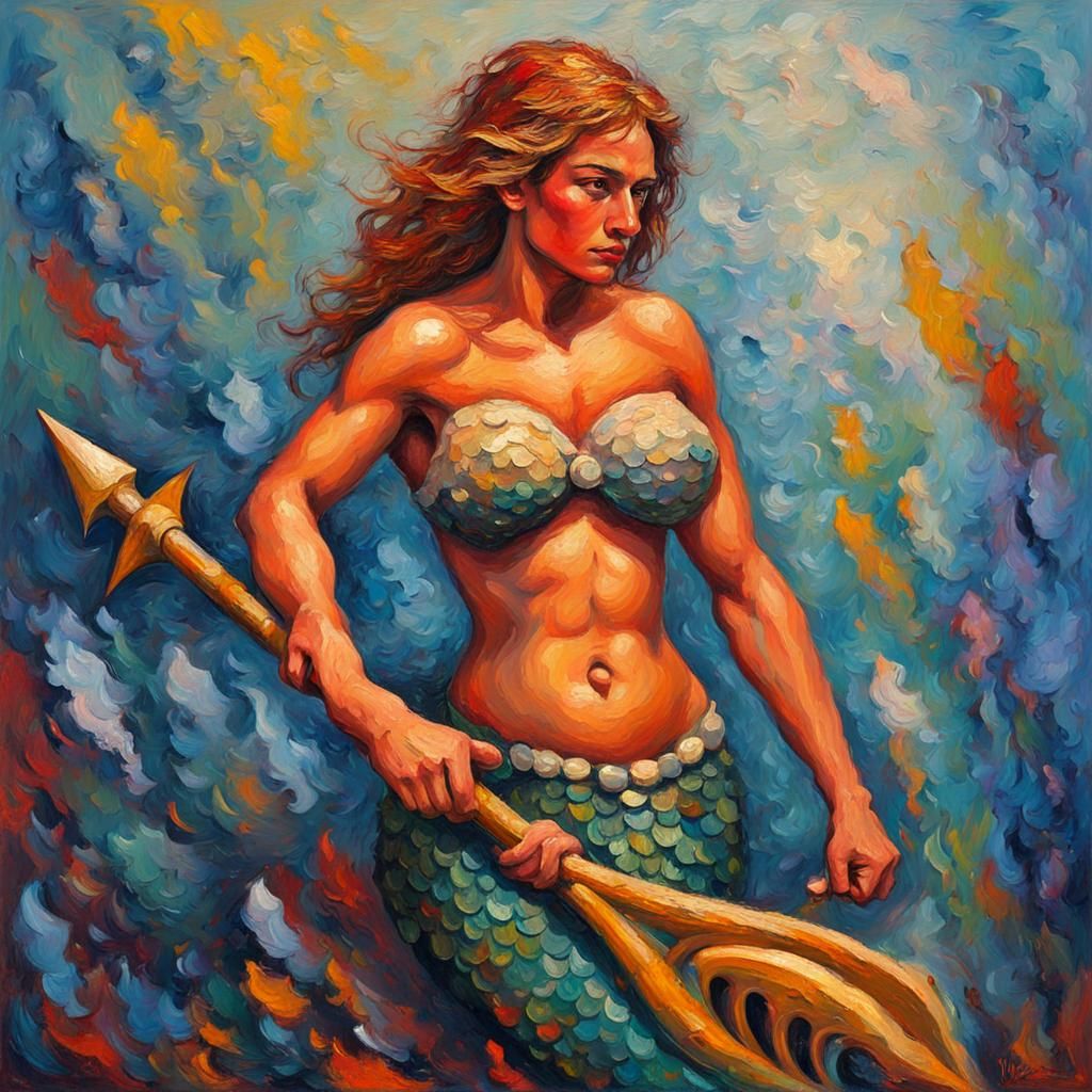 Mermaid Warrior in Neo-Impressionist Oil Painting