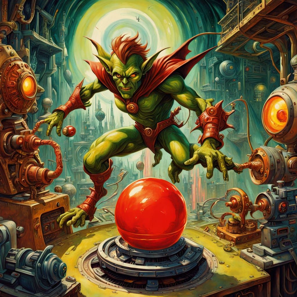 Retro-Futuristic Goblin in a Chaotic Lab