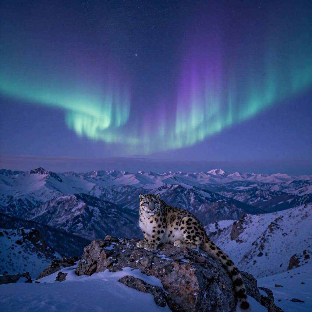 Snow Leopard at Twilight Over Snowy Mountains