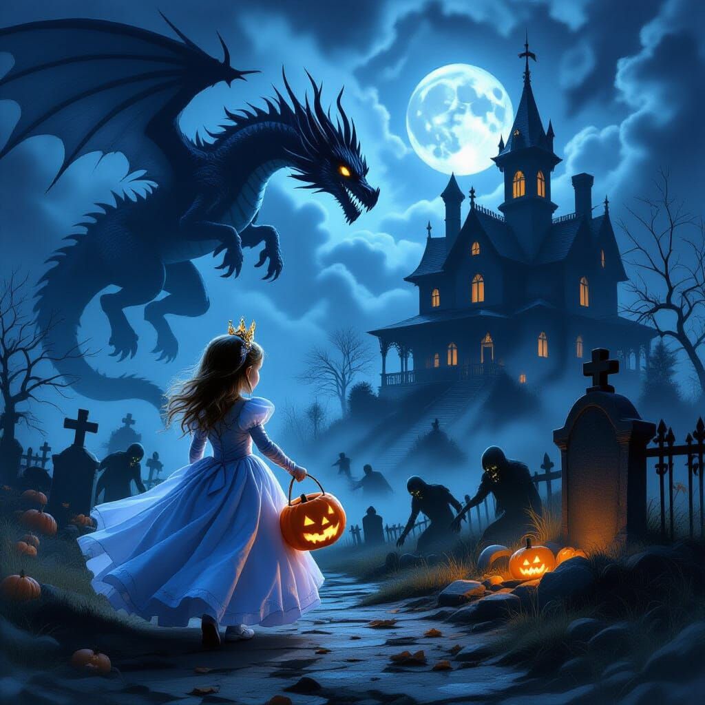 Halloween Night: Princess, Dragon, and Zombies in Gothic Art...