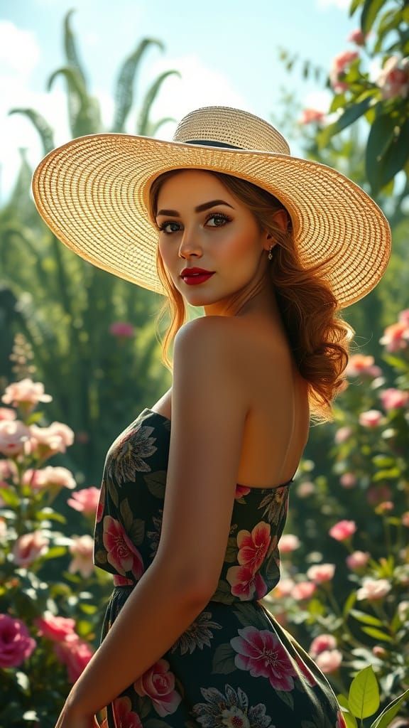 Chic Woman in Summer Garden: Detailed Matte Painting