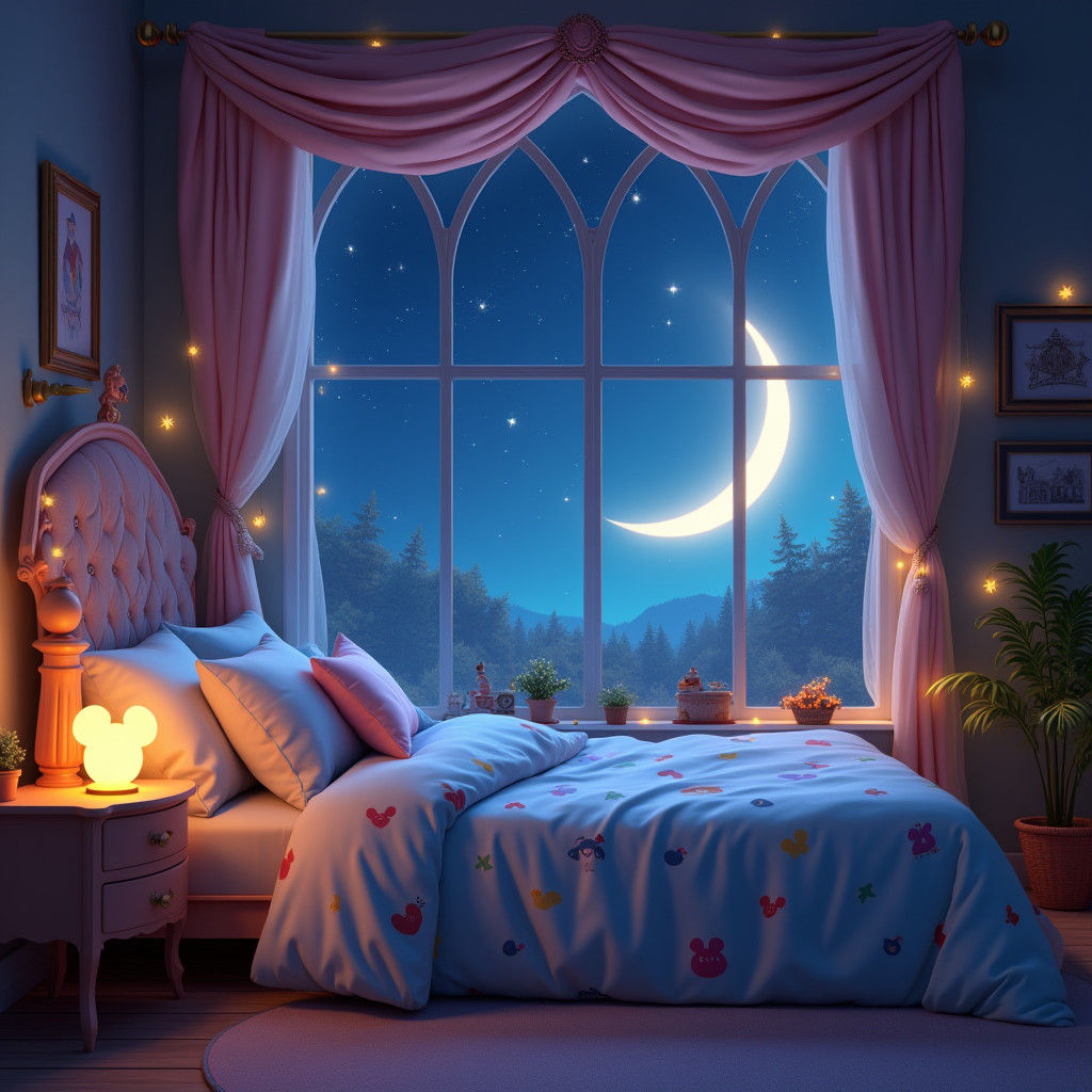 Whimsical Disney Nighttime Scene with Enchanted Bedding and...