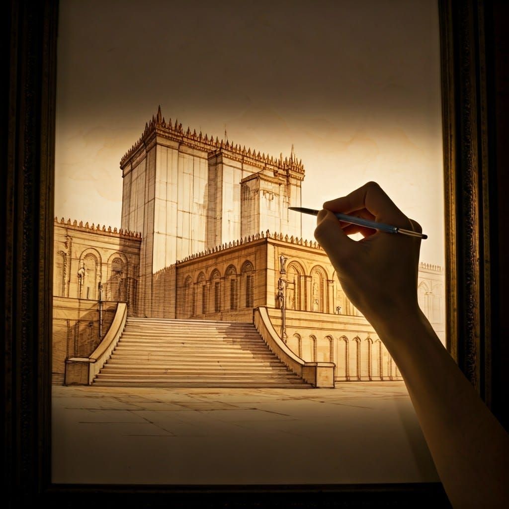 Artist's Hand Draws Ancient Jewish Temple