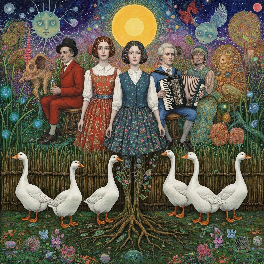 Folkloric Robot Family in Surreal Eco-Art Garden