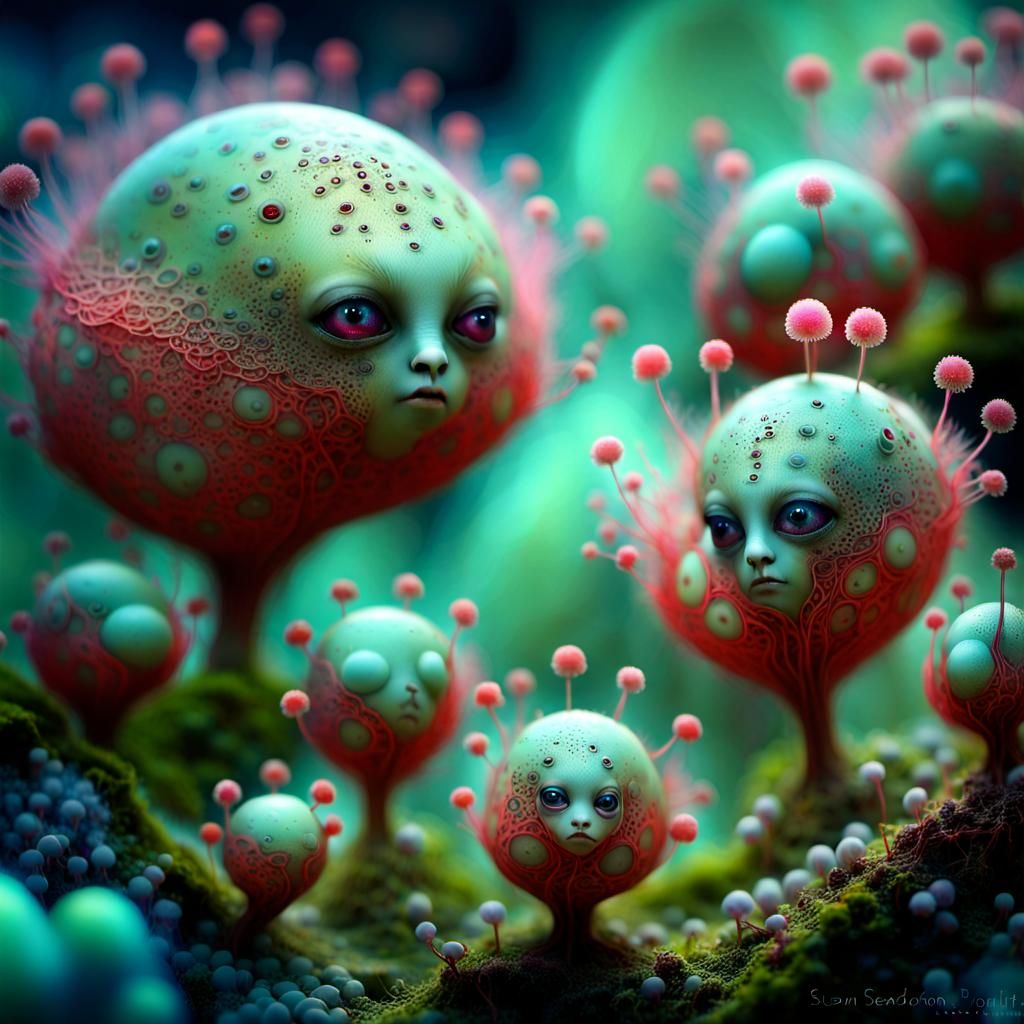 Hyperrealistic Whimsy: Adorable Alien Beings Gather Around I...