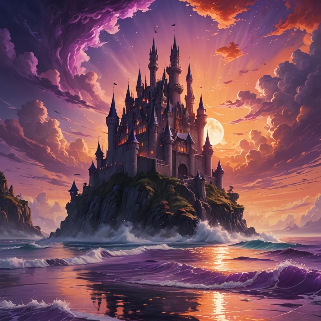 Epic Fantasy Castle at Sunset, a Vibrant Oceanic Dreamscape