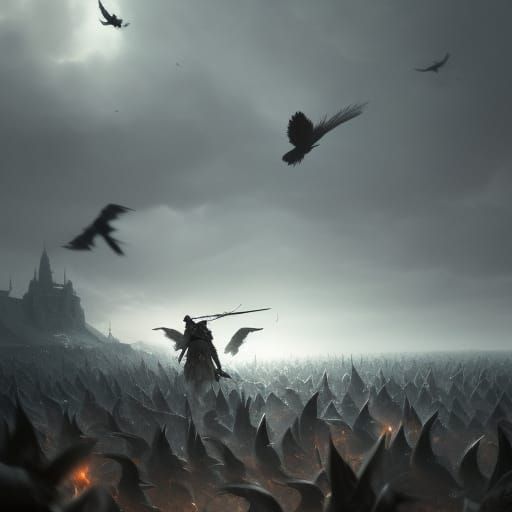 Warrior in Dark Fantasy Realm, Surrounded by Crows, in a Spl...
