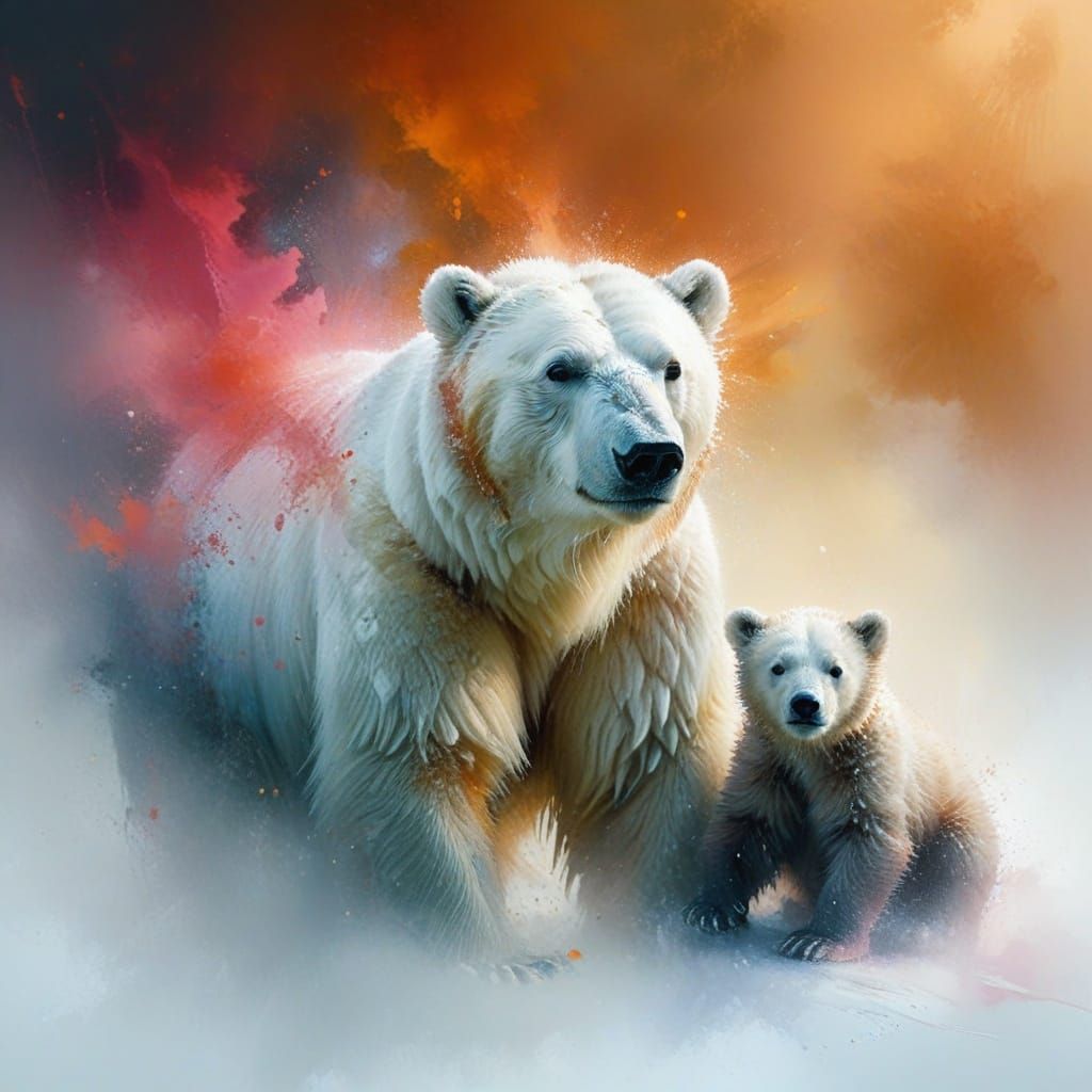Polar Bear Family in Vibrant Misty Landscape
