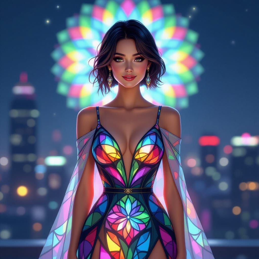 Kaleidoscope Dress: Elegant Woman in City Night View