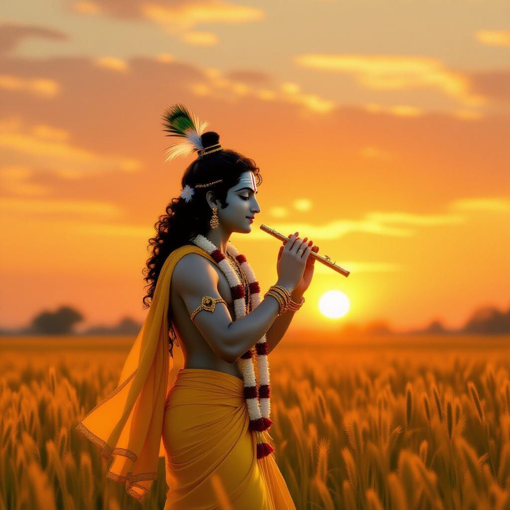 Lord Krishna Walks at Sunset: Classical Indian Art
