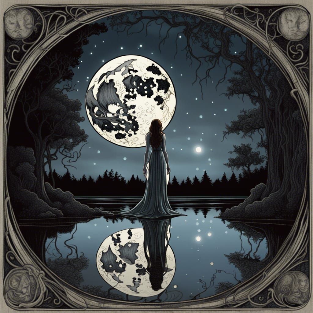 A Dreamy Tarot Card at Full Moon in Ethereal Watercolor Styl...