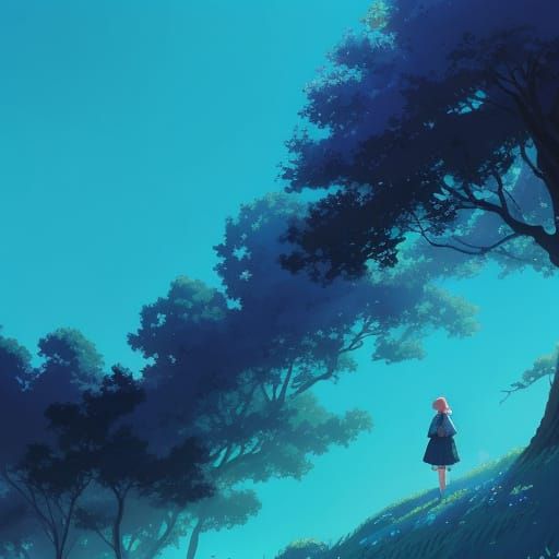 Studio Ghibli Style Woman in Vibrant Blue Landscape