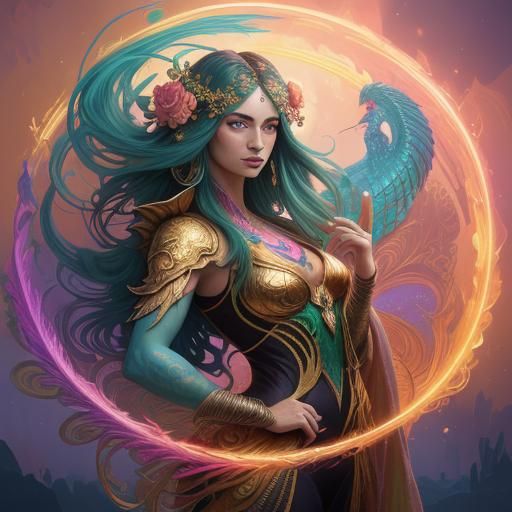 Dragon Peacock Woman in Vibrant Fantasy Land