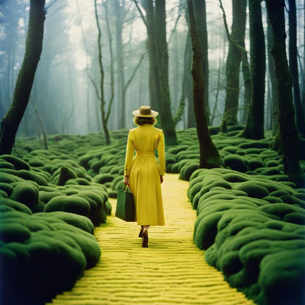 Mysterious Woman Walks on Mossy Yellow Brick Road in Haunted...