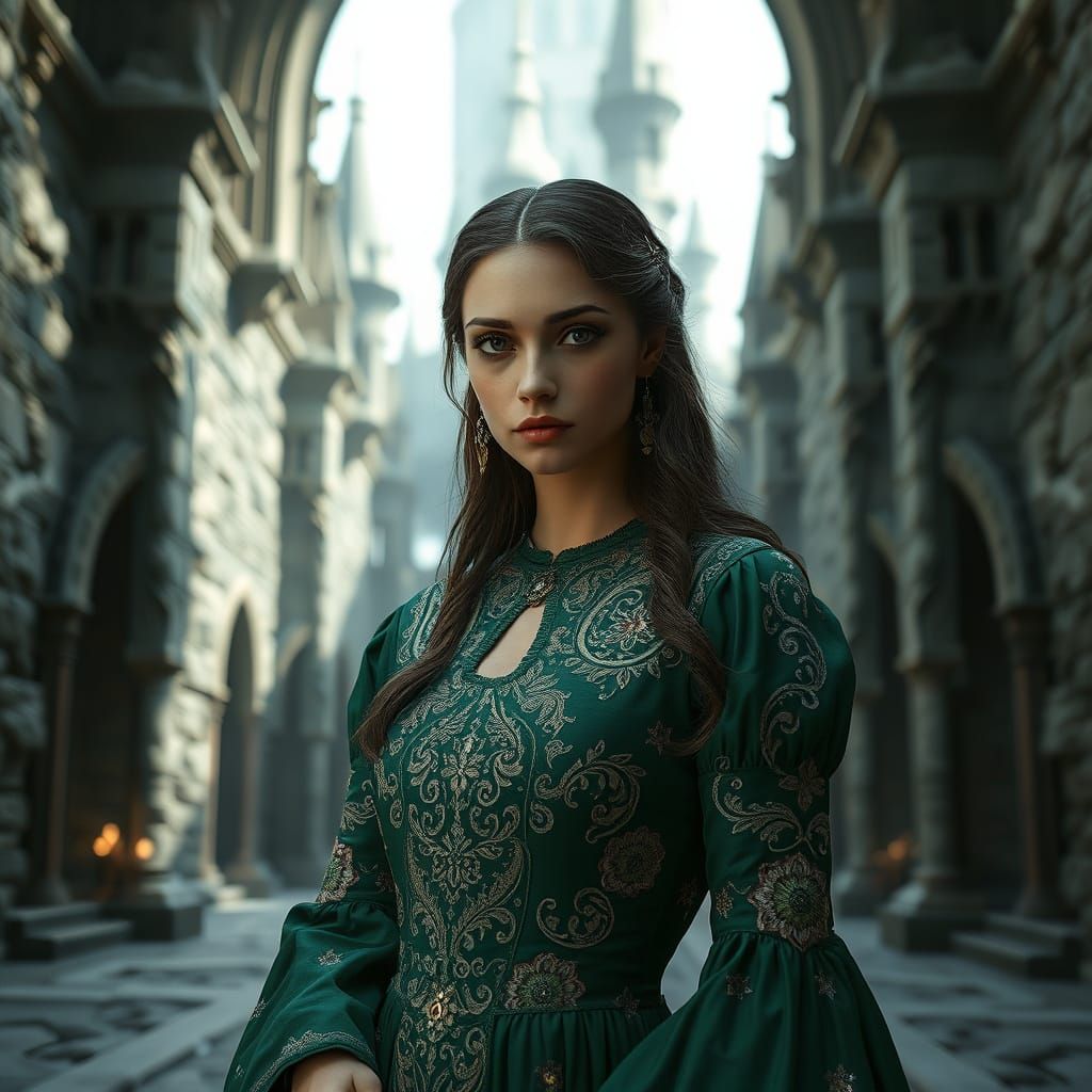 Medieval Woman in Emerald Dress, Monochrome 3D Rendering