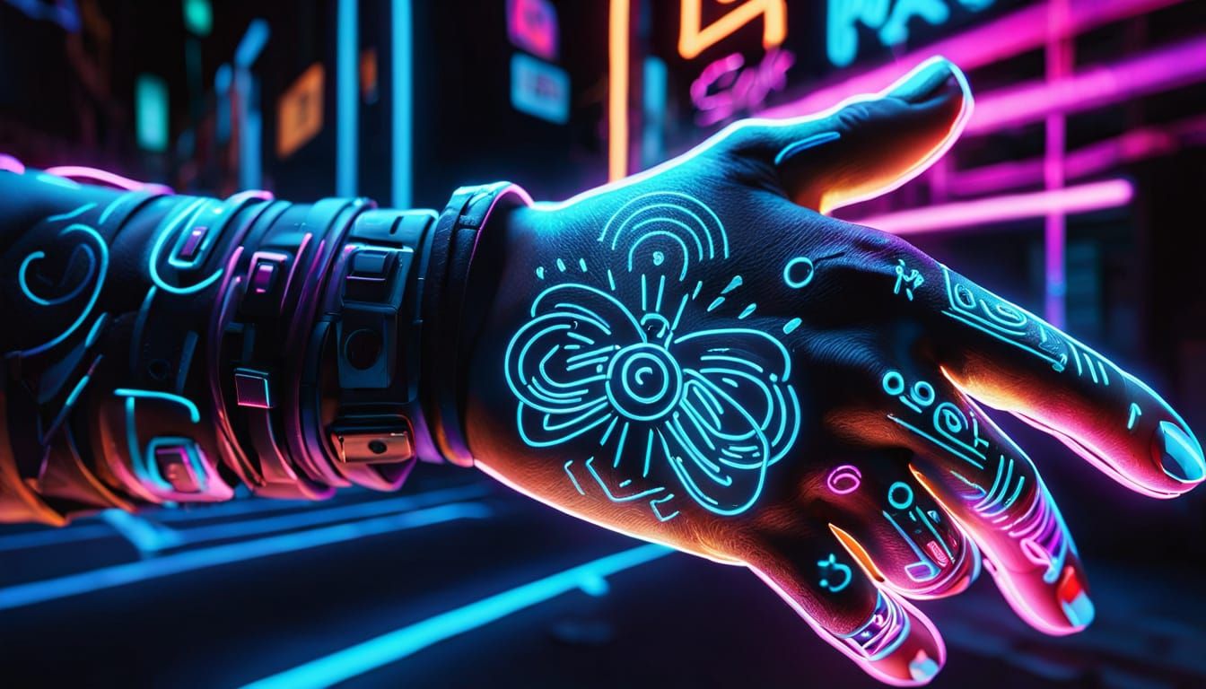Neon Tattoo Arm in Dark Alleyway