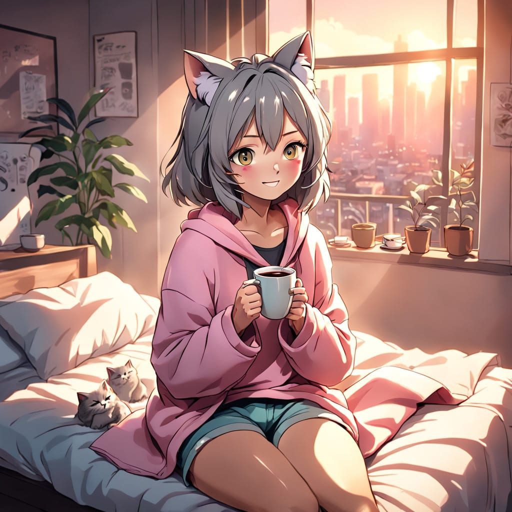 Anime-Style Woman with Cat Ears Sips Morning Coffee