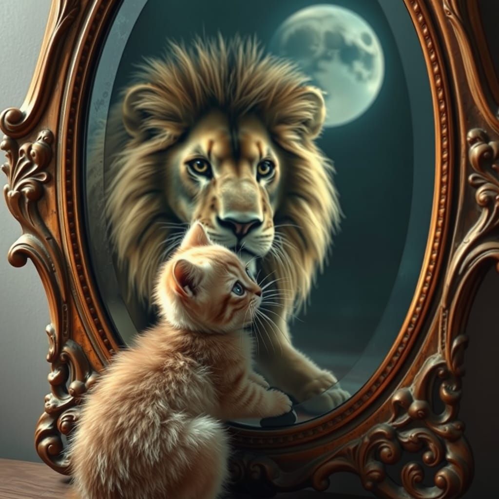 Whimsical Cat's Enchanted Mirror Self-Discovery in Dreamlike...