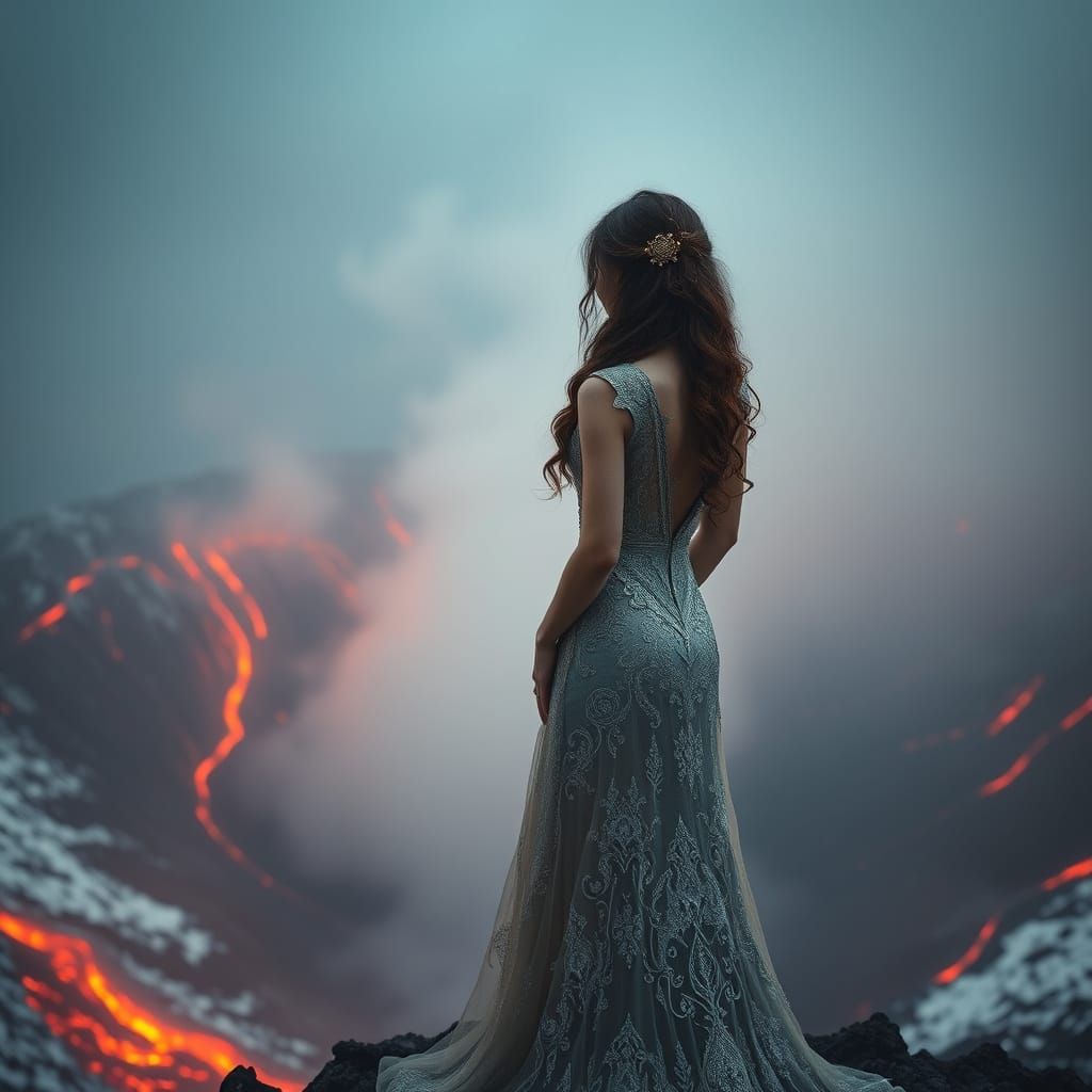 Ethereal Beauty Stands at Volcano's Edge in Hyperrealistic A...