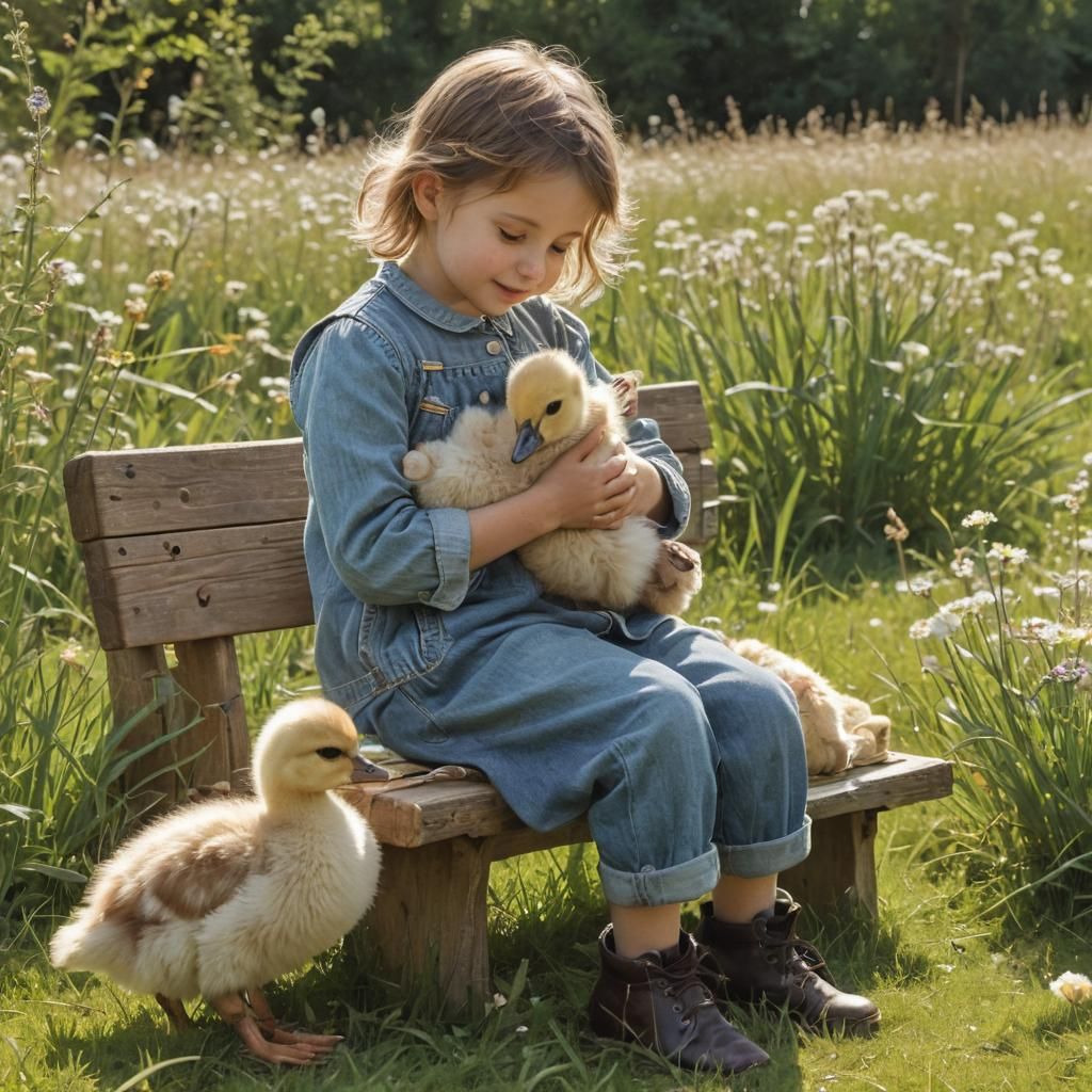 Endearing Digital Illustration of Childhood Wonder in a Sunl...