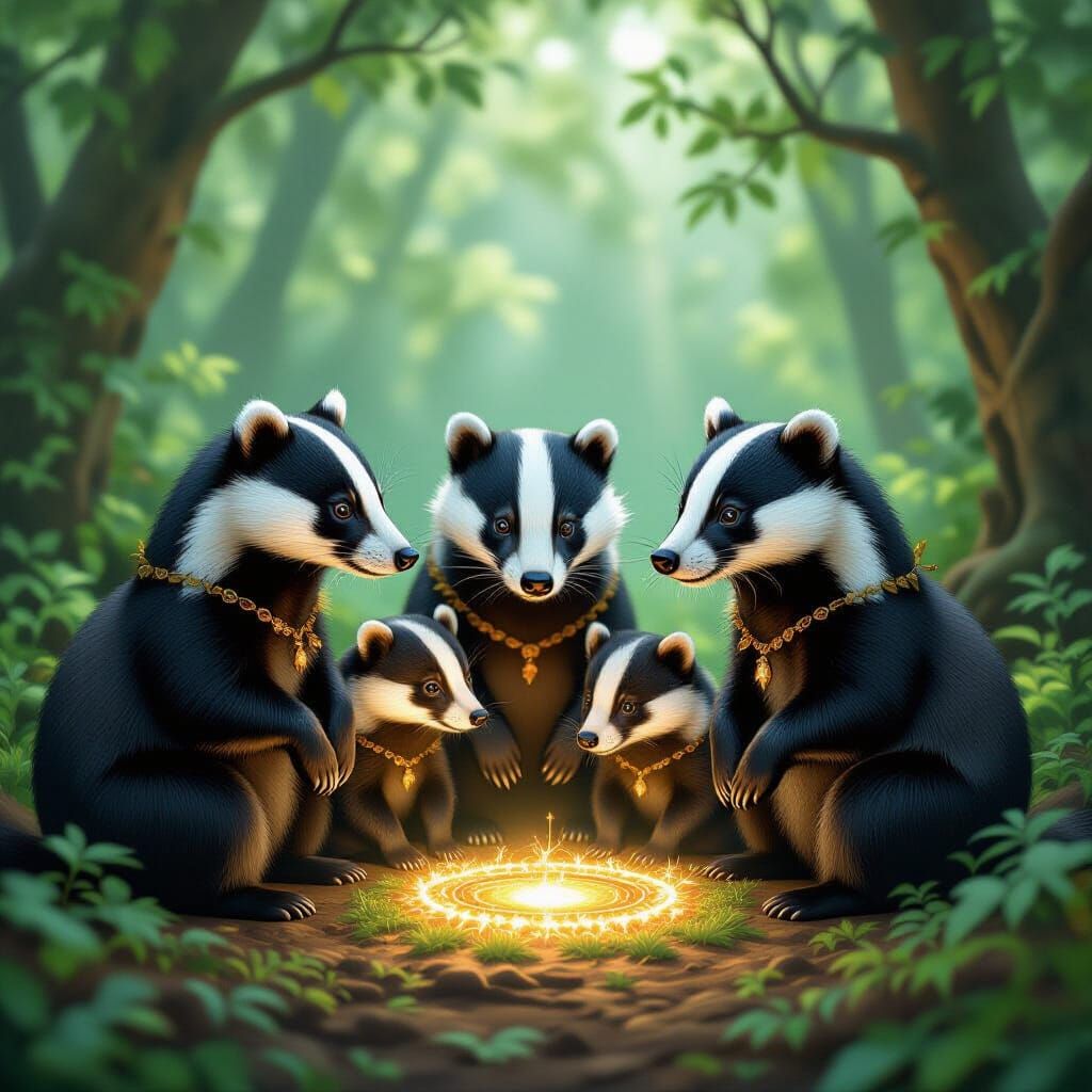 Badger Family Gathered Around Fairy Ring