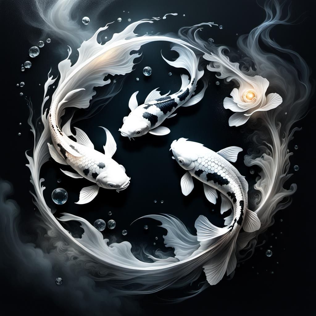 Stunning White and Black Koi Fish in Mystic Smoke
