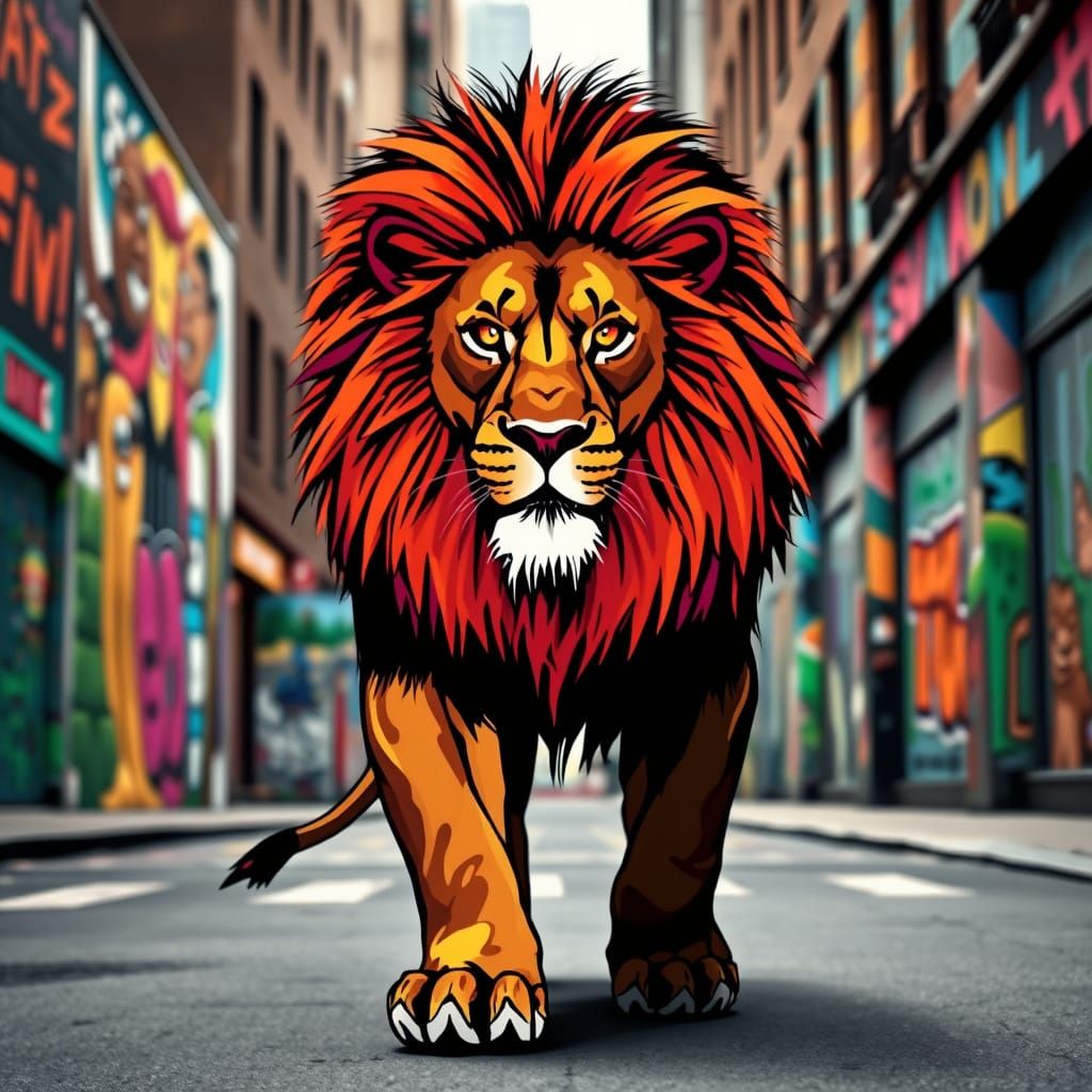Graffiti Lion Strides Through Urban Landscape