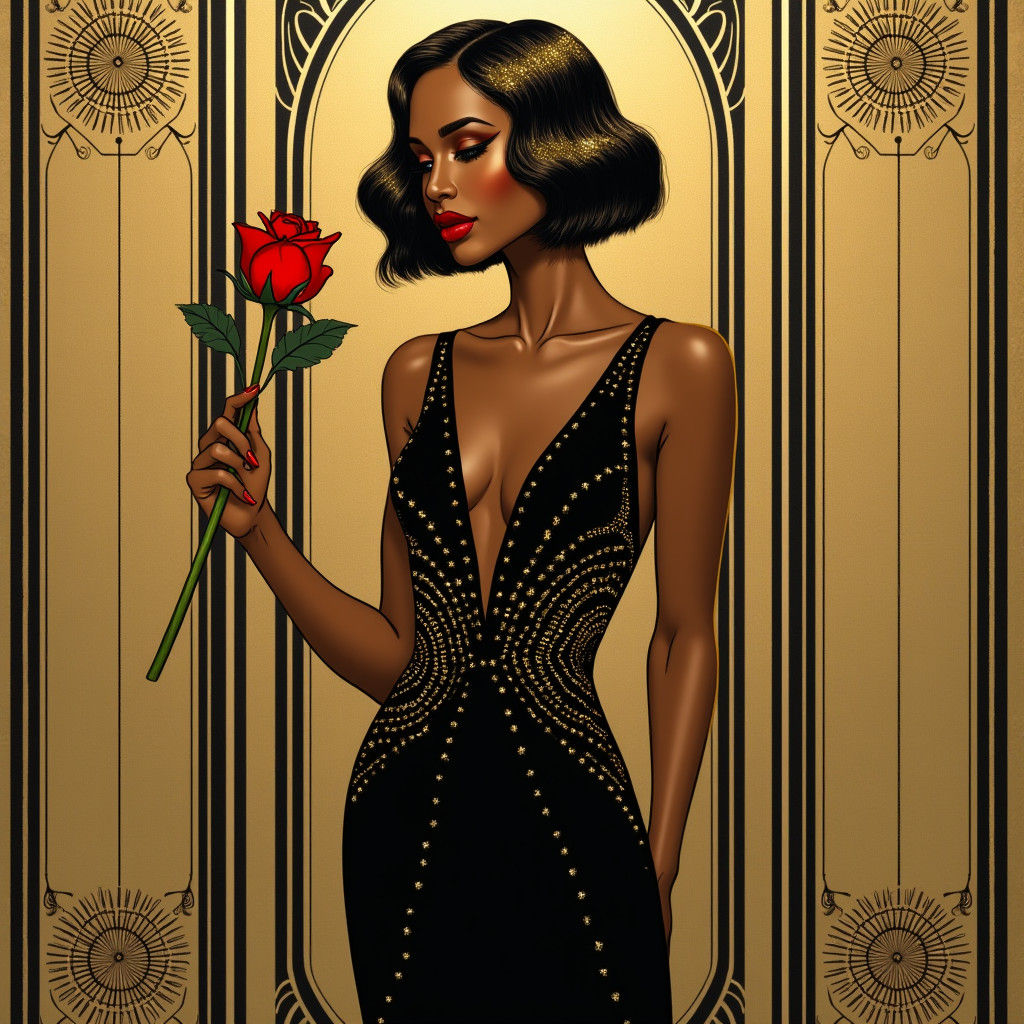 Glamorous Dark Goddess in Art Deco Elegance with Golden Hair...