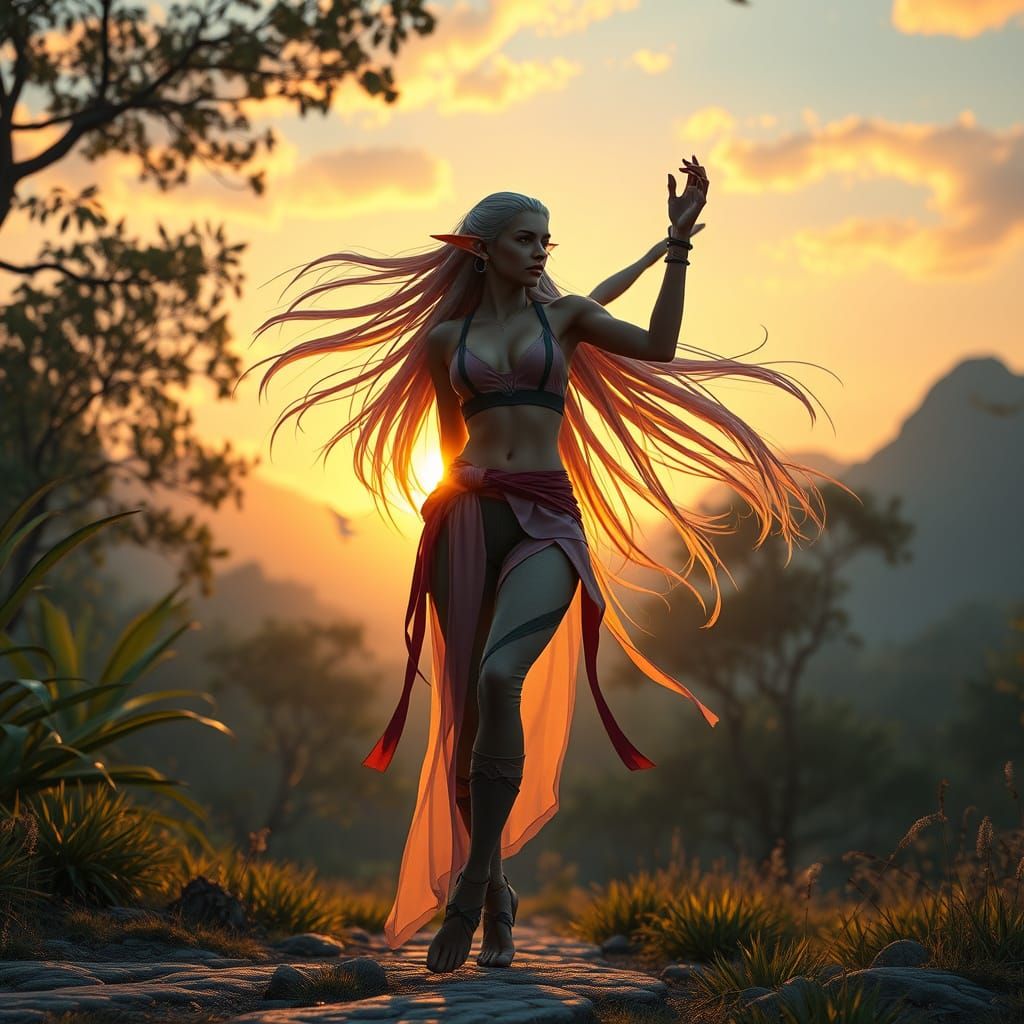 Elegant Elf Exercises at Sunrise: Fantasy Concept Art