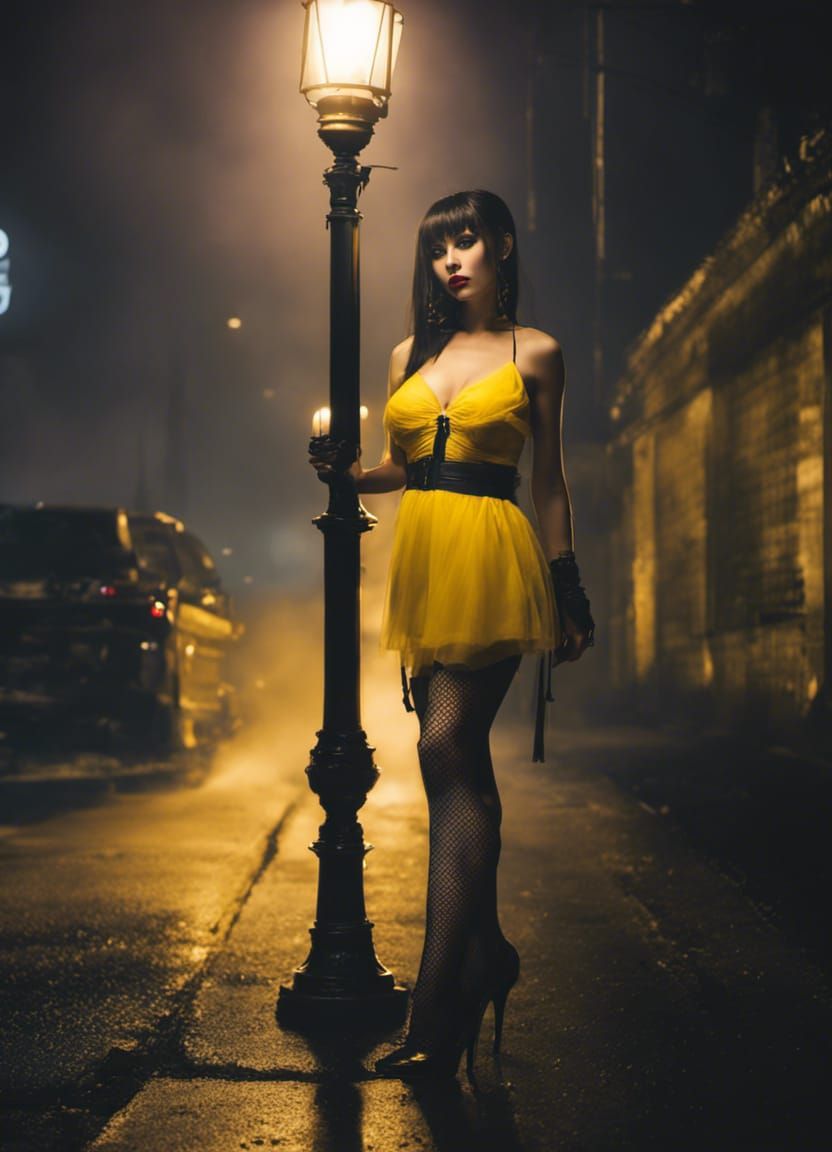 Cyberpunk Woman Leans Under Streetlamp on Misty Night