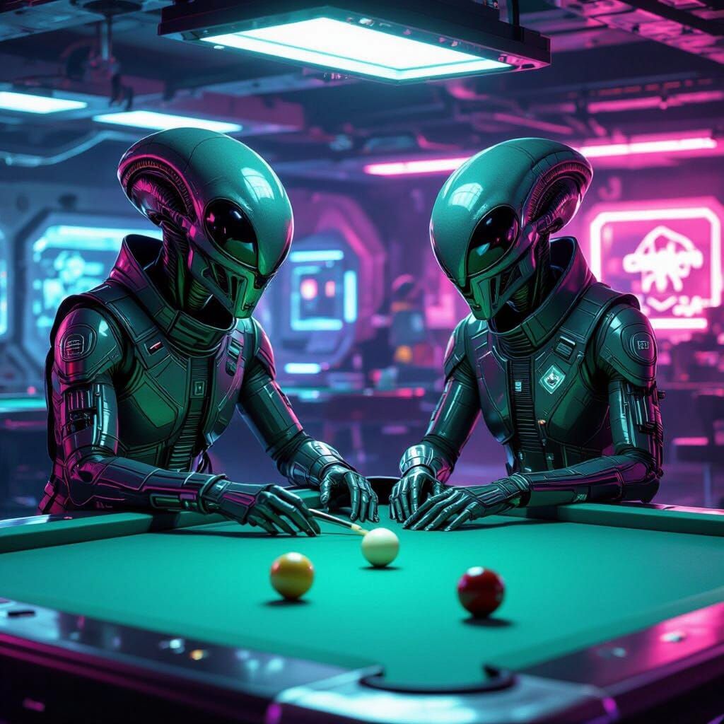 Aliens Play Pool in Neon Space Station
