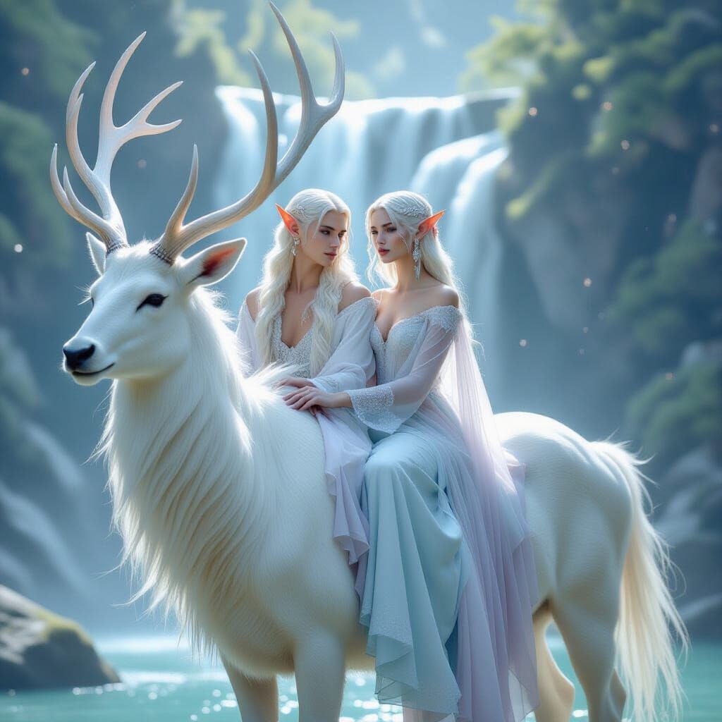 Ethereal Elven Couple on Giant Stag, Pastel Dreamscape Fashi...