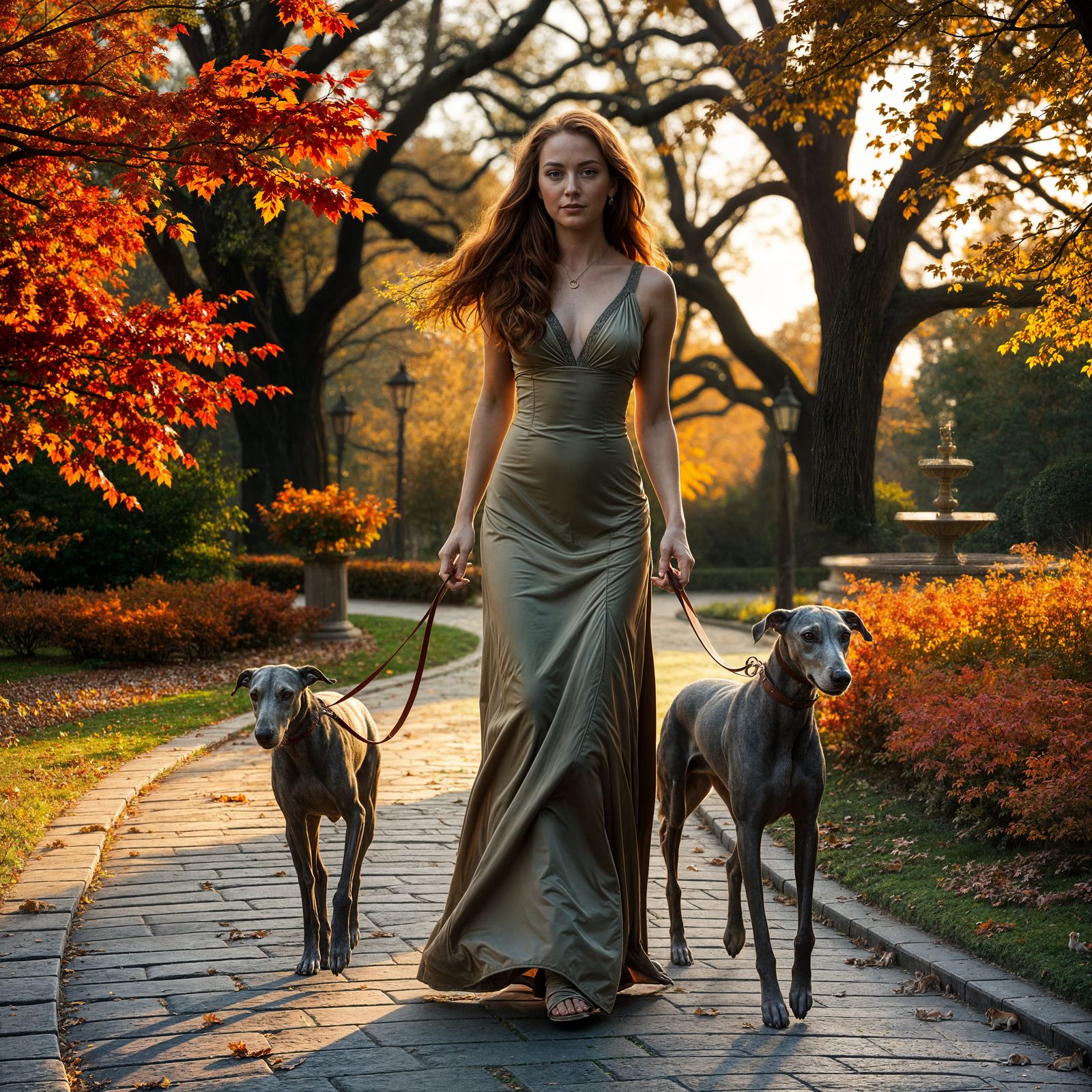 Victorian Woman with Greyhounds in Autumn Park