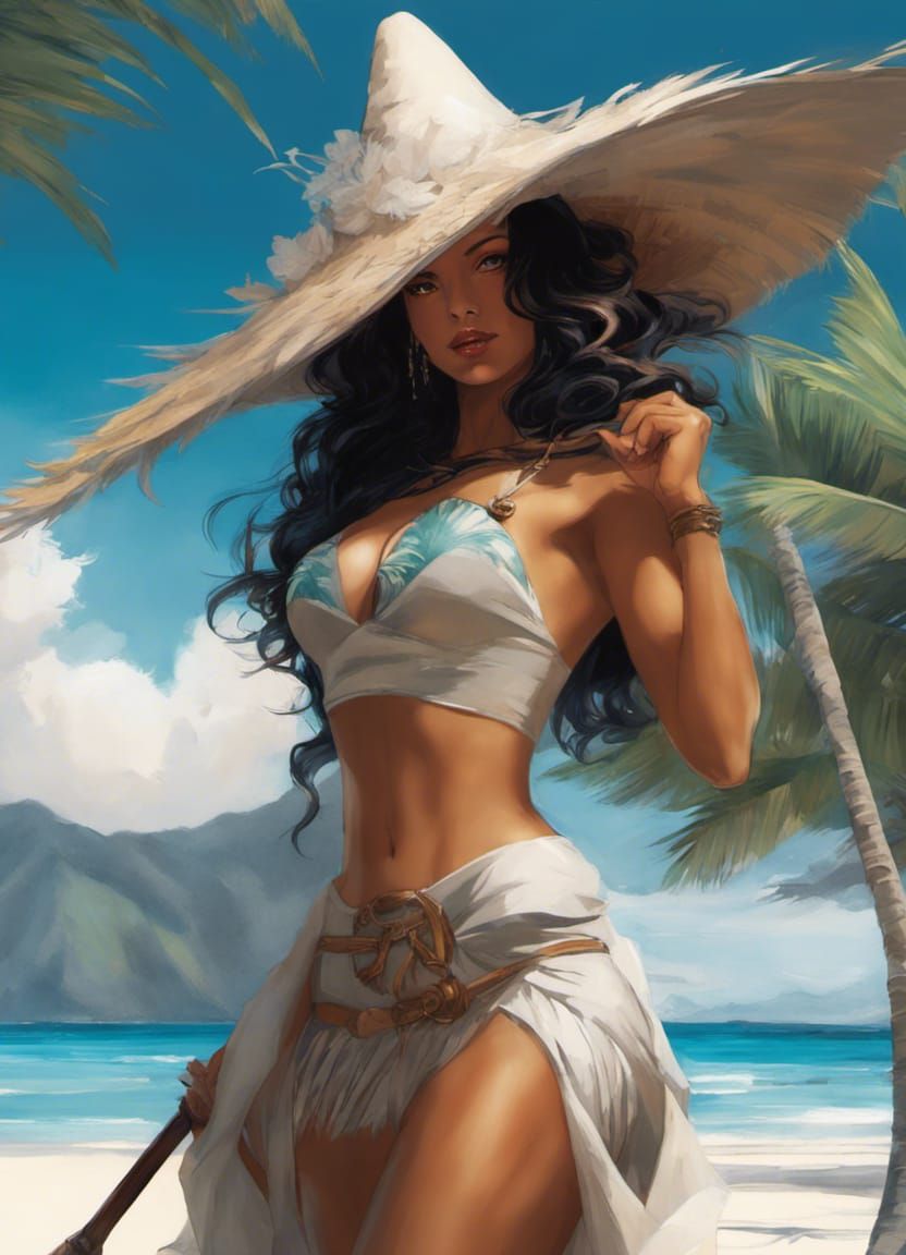 Sleek Polynesian Pin-Up Witch Stuns on Tropical Beach