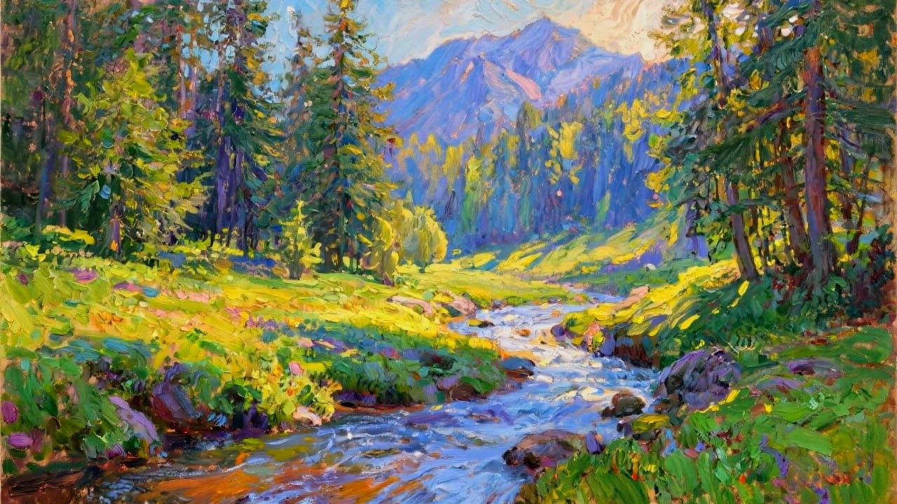 Impressionistic Stream in Mountain Forest