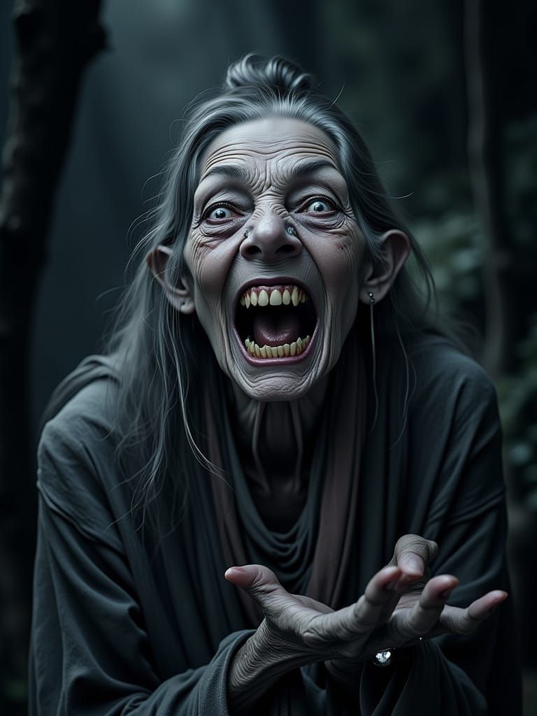 ugly grey witch casts a spell