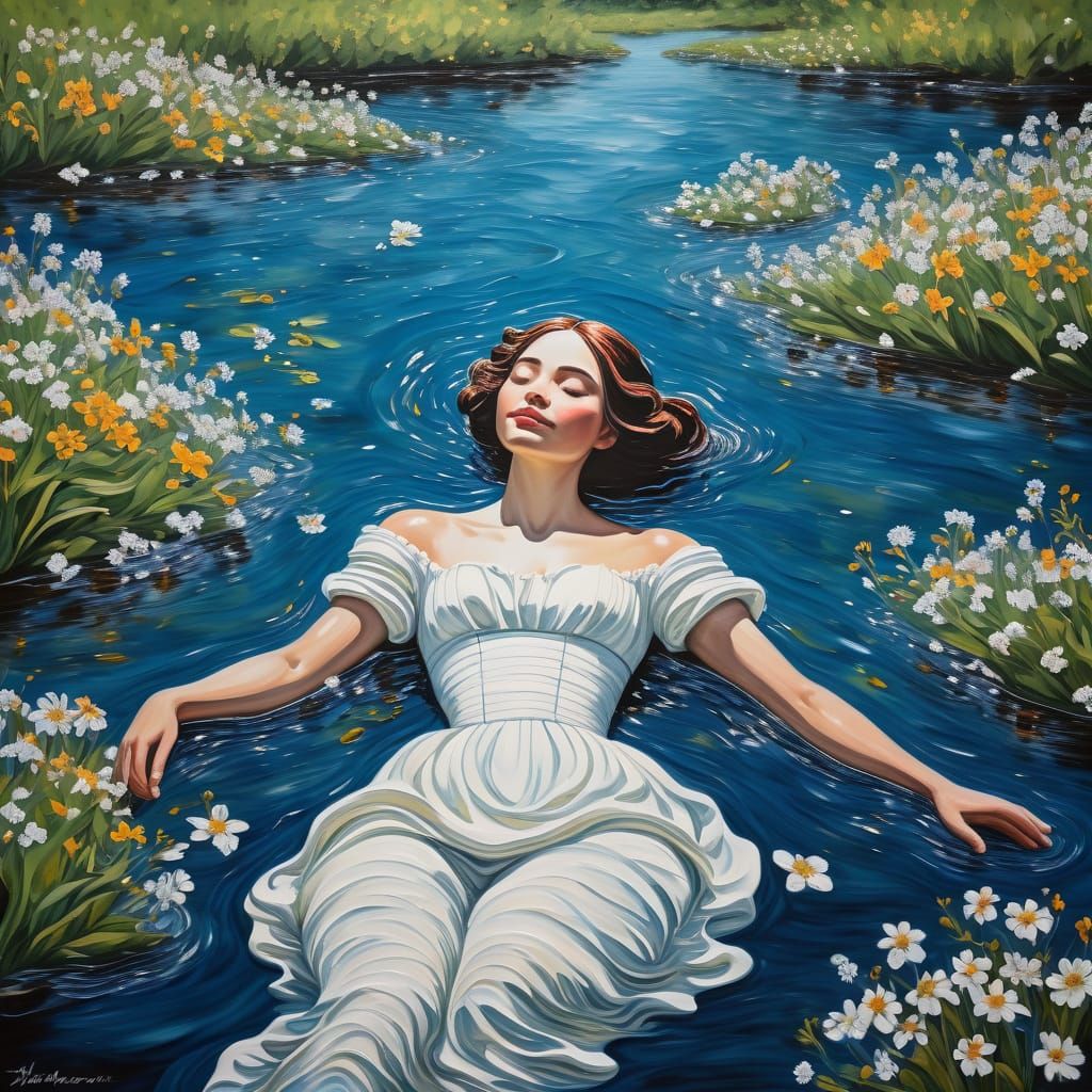 Regal Woman in River as Impasto Painting