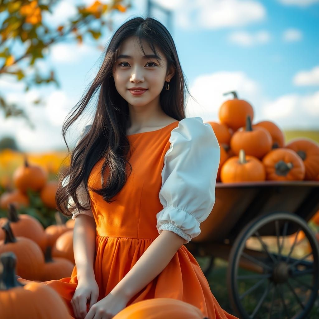 Dreamy Japanese Girl in Orange Dress with Pumpkins