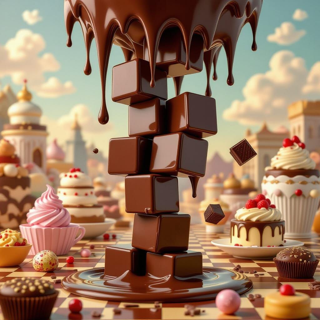 Melting Chocolate Tetris in Surreal Confectionery Scene