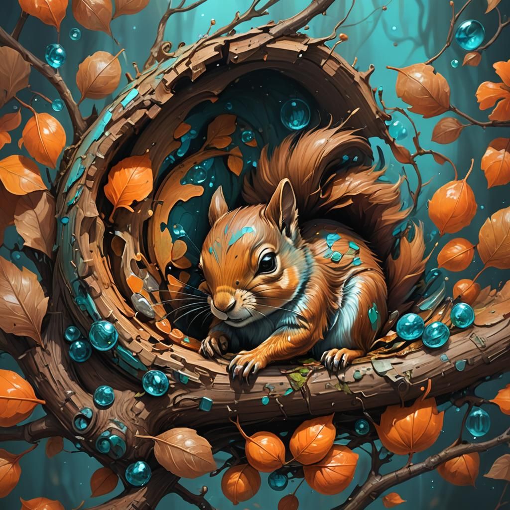 Tiny Squirrel Slumbers within a Broken Acorn, Envisioned in...