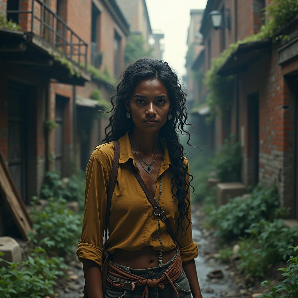 Vibrant American Mother in Decaying Cityscape