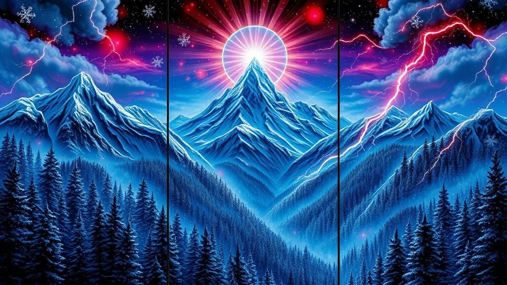 Crystalline Stained Glass Triptych of Celestial Forest
