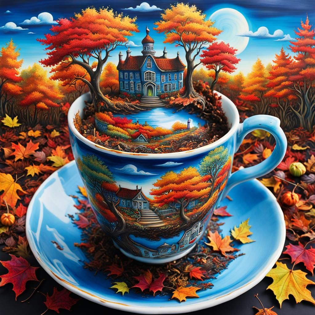 Fantasy autumn scene inside a teacup