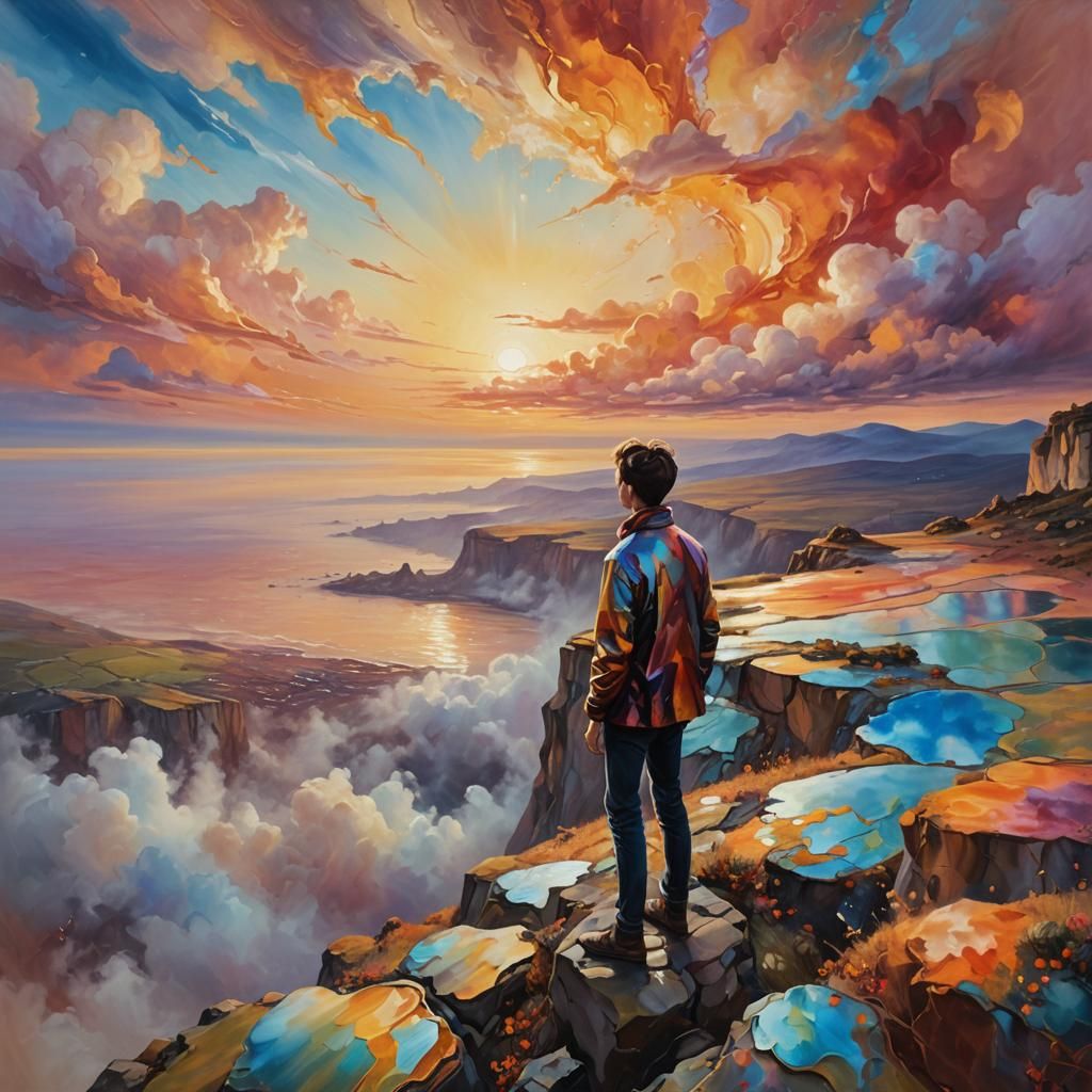 Surreal Autumn Sunset with Dreamer on Cliff, in Vibrant Oil....