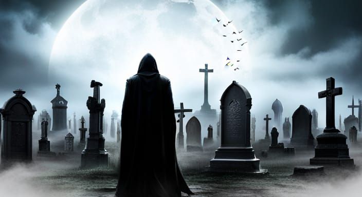 Ethereal Gothic Figure Stands in Foggy Graveyard