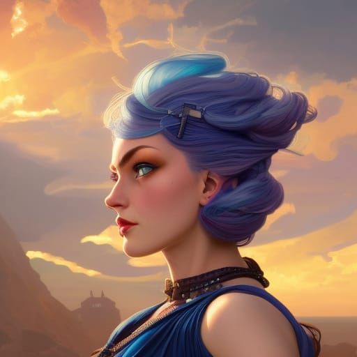 Dieselpunk Princess with Sapphire Eyes in Art Nouveau Style