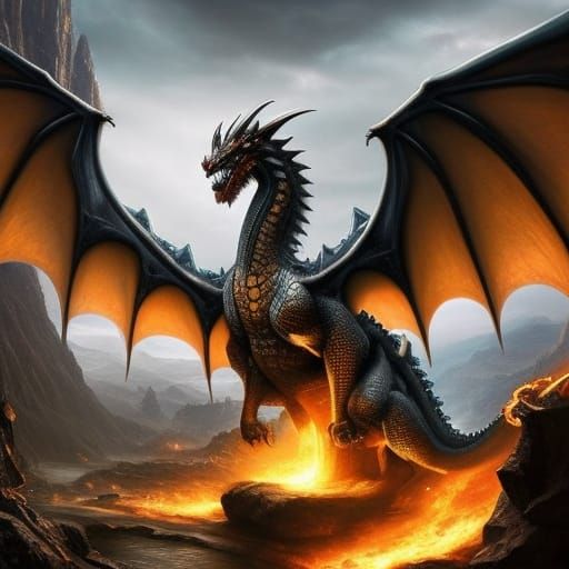 Dragon Guardian of Golden Hoard in Dark Fantasy Cave